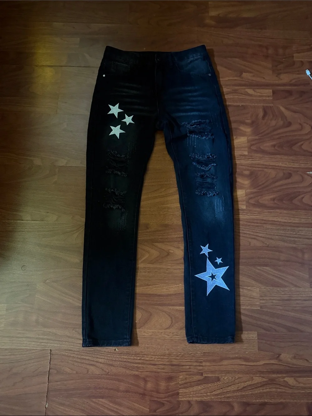 Black Distressed Men's Jeans with Star Patches